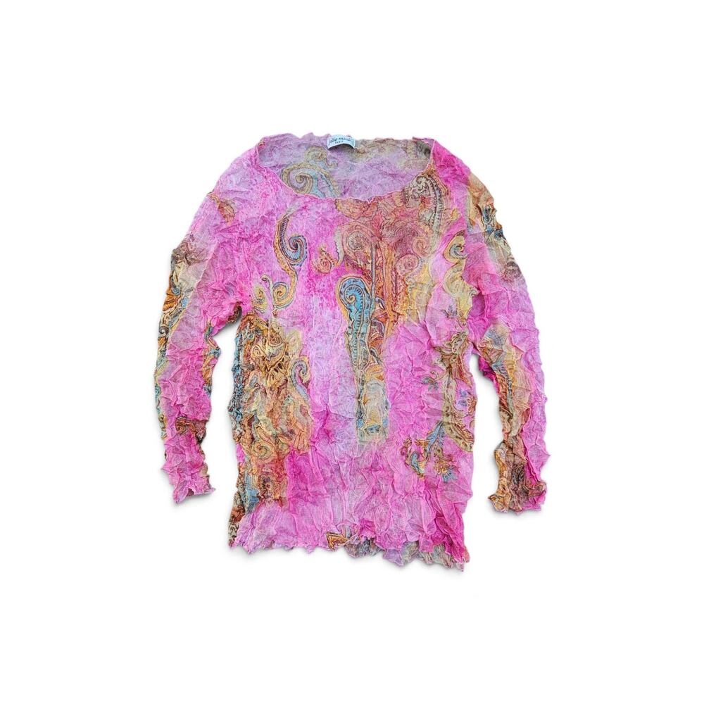 Y2k Euro Paisley Mesh Top 3/4 Sleeves Semi-Sheer - Size Small